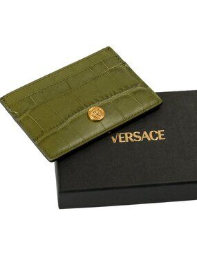 Versace Olive Green Croc Print Leather Gold Medusa Head Card Case Holder